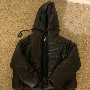 Thick leather jacket with hood